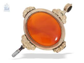 Taschenuhrenschlüssel: sehr seltener, großer roségoldener Spindeluhrenschlüssel mit Steinbesatz, Frankreich um 1820