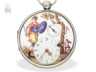 Taschenuhr: feine und sehr dekorative Spindeluhr mit Emaille-Lupenmalerei und Datum, Frankreich um 1790