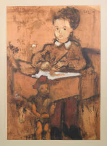 Girl and Puppet Sitting at a Desk Oil on paper.