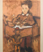 Neo-figurative art. Girl and Puppet Sitting at a Desk Oil on paper.