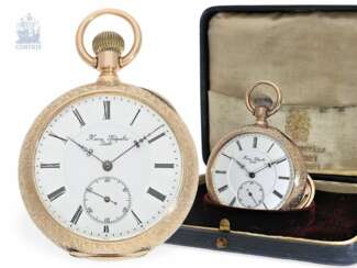 Taschenuhr: besonders schweres, rotgoldenes Ankerchronometer, Henry Beguelin Locle, verkauft durch Eugene Karecker Lindau, mit Originalbox, ca.1885