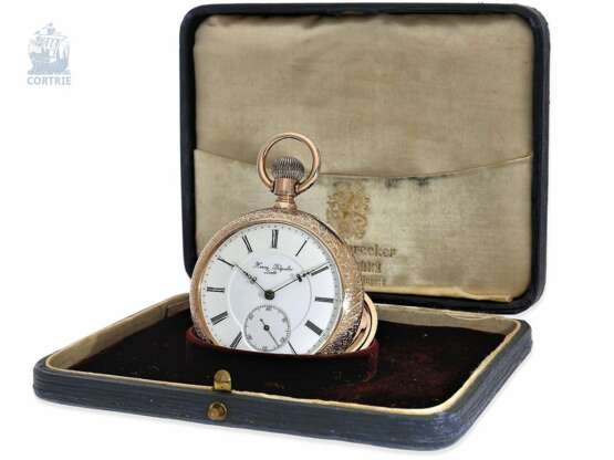 Taschenuhr: besonders schweres, rotgoldenes Ankerchronometer, Henry Beguelin Locle, verkauft durch Eugene Karecker Lindau, mit Originalbox, ca.1885 - фото 4