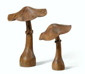 TWO OVERSIZED CARVED FRUITWOOD MUSHROOMS