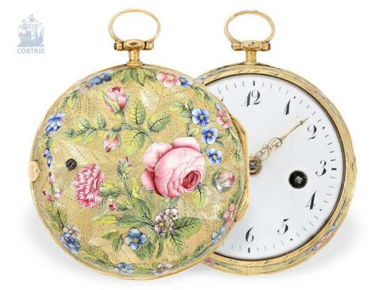 Taschenuhr: außergewöhnlich prächtige 20K Gold/Emaille-Spindeluhr besonderer Qualität "Die Rose", Michau(d) Paris um 1750 - Foto 1