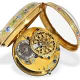 Taschenuhr: außergewöhnlich prächtige 20K Gold/Emaille-Spindeluhr besonderer Qualität "Die Rose", Michau(d) Paris um 1750 - photo 2