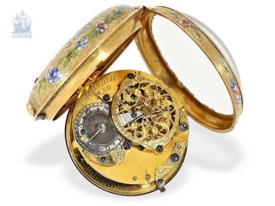 Taschenuhr: außergewöhnlich prächtige 20K Gold/Emaille-Spindeluhr besonderer Qualität "Die Rose", Michau(d) Paris um 1750 - Foto 2