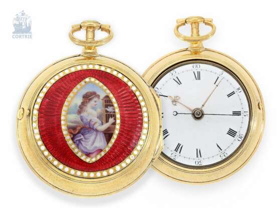 Taschenuhr: seltene und hochinteressante englische Zylinderuhr mit Zentralsekunde und Emaille-Malerei, königlicher Uhrmacher Thomas Wright, Poultry London, (1770-1792) - Foto 1