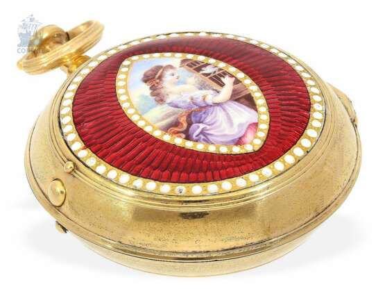 Taschenuhr: seltene und hochinteressante englische Zylinderuhr mit Zentralsekunde und Emaille-Malerei, königlicher Uhrmacher Thomas Wright, Poultry London, (1770-1792) - photo 3