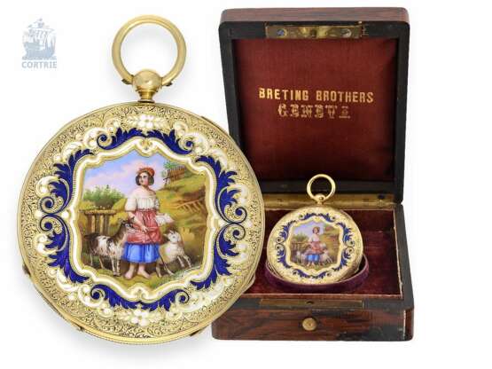 Taschenuhr: exquisite, super flache Gold/Emaille-Taschenuhr Vacheron Geneve, um 1835, eine der frühesten Uhren der weltberühmten Firma, No.686 - photo 1