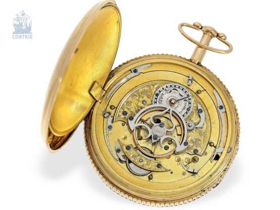 Taschenuhr: große französische Schlagwerks-Uhr mit seltenem Schlagwerk mit "Carillon" und außergewöhnlichem Goldzifferblatt, ca. 1820 - photo 5