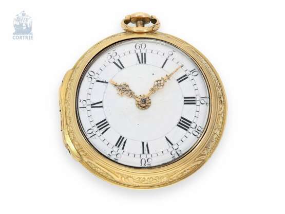Taschenuhr: ausgesprochen schöne, ganz frühe schottische Repoussé-Doppelgehäuse-Spindeluhr in 22K Gold, bedeutender Uhrmacher, Norman Macpherson Edinburgh, 1736 - photo 7