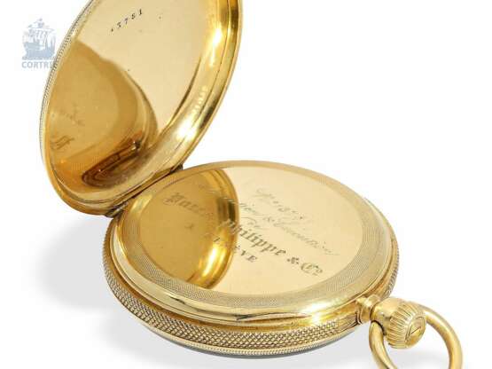 Taschenuhr: hochfeine und frühe Gold/Emaille-Taschenuhr mit frühem Kronenaufzug, Patek Philippe & Co, à Genève, 'Invention & Exécution', No.13781, ca.1858 - Foto 2