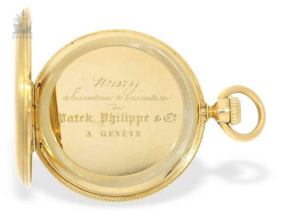 Taschenuhr: hochfeine und frühe Gold/Emaille-Taschenuhr mit frühem Kronenaufzug, Patek Philippe & Co, à Genève, 'Invention & Exécution', No.13781, ca.1858 - Foto 3