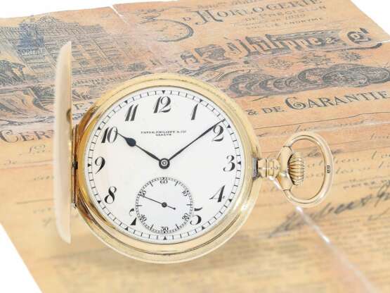 Taschenuhr: einzigartiges Patek Philippe Ankerchronometer, vermutlich ein "Piece Unique" mit skelettiertem und graviertem Prunkwerk und Original-Zertifikat, ca.1917 - photo 7