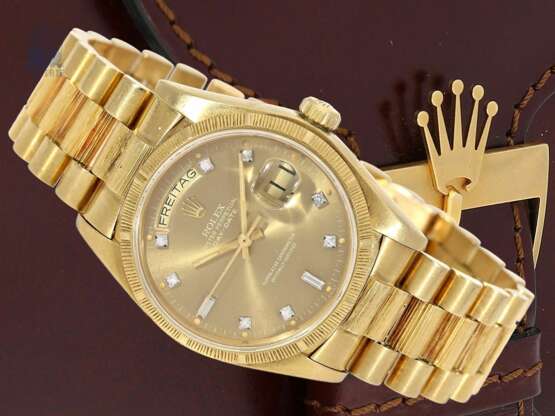 Armbanduhr: hochwertige vintage Rolex Day-Date "Borke-Diamonds" Ref. 18078 von 1980 mit Originalbox und Originalpapieren - photo 1