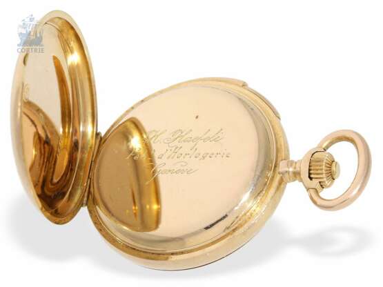 Taschenuhr: äußerst seltene kleine Damensavonnette mit Minutenrepetition und Originalbox, verm. Kaliber Louis Audemars, verkauft an H. Haefeli Geneve, ca.1875 - photo 6