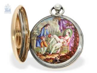 Taschenuhr: außergewöhnlich große Spindeluhr mit versteckter erotischer Emaille-Malerei, Willeumier Freres à Tramelan, ca.1800