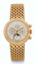 PATEK PHILIPPE, 18K GOLD, PERPETUAL CALENDAR CHRONOGRAPH WRISTWATCH WITH MOON PHASES, 24 HOUR, LEAP YEAR INDICATION AND SPECIALLY COMMISSIONED CLASP, REF. 3970/2