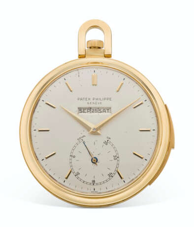 Patek Philippe. PATEK PHILIPPE, 18K GOLD, OPEN-FACE, MINUTE REPEATING PERPETUAL CALENDAR POCKET WATCH WITH DIGITAL DISPLAY AND UP/DOWN INDICATION, REF. 699-2 - фото 1