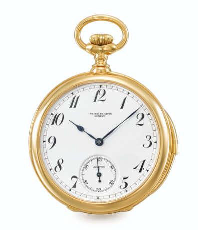 Patek Philippe. PATEK PHILIPPE, POSSIBLY UNIQUE, 18K GOLD, MINUTE REPEATING KEYLESS OPENFACE POCKET CHRONOMETER WITH SPRING DETENT ESCAPEMENT, HELICAL BALANCE SPRING AND BREGUET NUMERALS, REF. 947/1 - photo 1