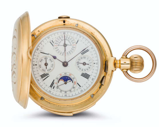 Patek Philippe. SWISS, 18K GOLD, HUNTER CASE MINUTE REPEATING PERPETUAL CALENDAR KEYLESS LEVER CHRONOGRAPH WATCH WITH MOON PHASES AND LUNAR CALENDAR - photo 1