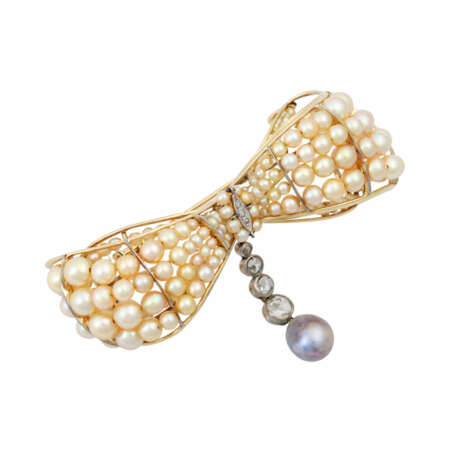 Brosche/Colliereinhänger "Schleife" mit Perlen und Diamantrosen, - photo 3