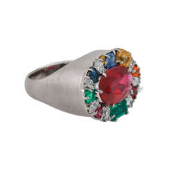 Unikat-Ring mit div. Farbsteinen und 7 Diamantnavettes,