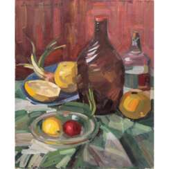 KORNSAND, LUISE (1876-1962), "Stillleben mit Früchten, zwei Schalen und zwei Flaschen",