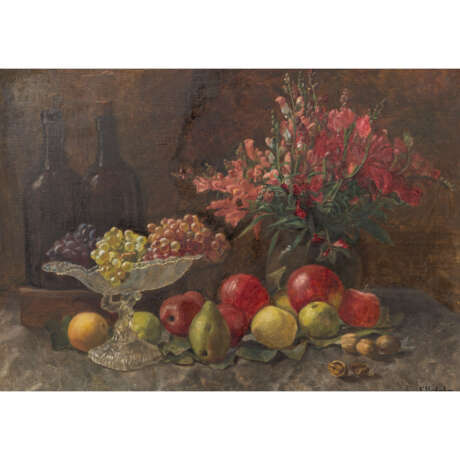 HORLACHER, EMMA (tätig um 1882-1894), "Stillleben mit Sommerstrauß in Vase und Früchten", - photo 1