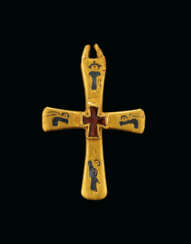 A BYZANTINE GOLD, NIELLO AND GARNET CROSS