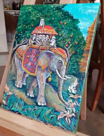 Gemälde „Auf einem Elefanten“, Leinwand auf dem Hilfsrahmen, Ölfarbe, Animalistisches, 2020 - Foto 2