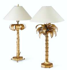 TWO GILT-METAL PALM TREE-FORM TABLE LAMPS