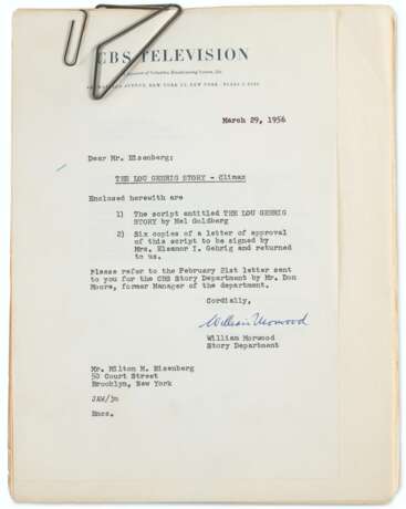 1956 "The Lou Gehrig Story" Original Script with Related Doc... - фото 2