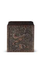 A CARVED SQUARE SOFTWOOD SEAL BOX COVER