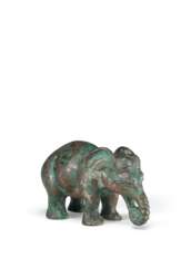 A SMALL ARCHAISTIC SILVER-INLAID BRONZE FIGURE OF AN ELEPHANT
