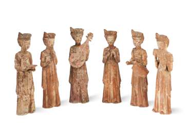 A SET OF SIX TANG-STYLE POTTERY FIGURES OF FEMALE MUSICIANS