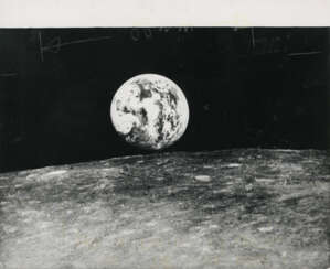 Near full Earthrise, Zond 7, August 11, 1969; first crude photograph of Earthrise recovered on film, Zond 6, November 14, 1968