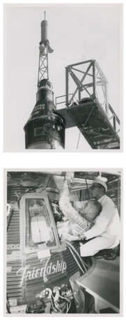 Photomontage du lancement du premier vaisseau spatial pour transporter un Américain en orbite; John Glenn prépare le lancement; le vaisseau spatial Friendship 7, janvier-20 février 1962 - photo 3