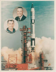 Photomontage of the launch; launch of the Titan rocket; Gus Grissom and John Young before liftoff, March 23, 1965