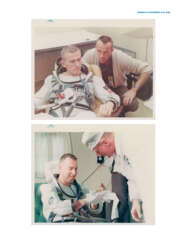 Frank Borman and James Lovell during countdown; the crew fully suited during tests; photomontage of the liftoff, December 1965