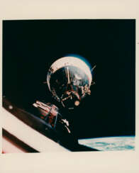 First rendezvous in space, at 17,000 mph; close-up of Gemini VII; Gemini VII orbiting the Earth, December 15-16, 1965