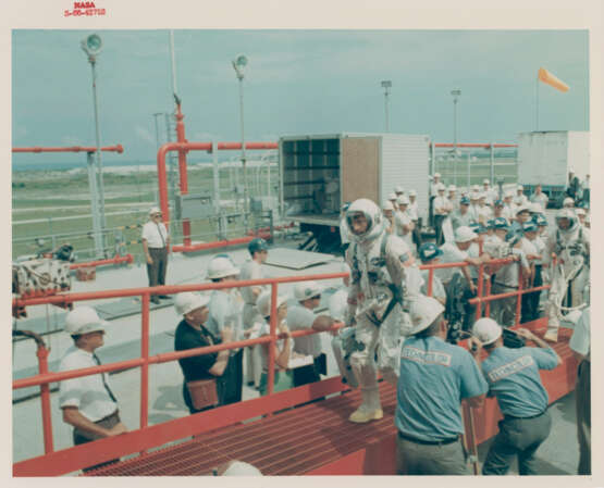 John Young and Michael Collins at Pad 19 for launch; the crew at a press conference; Collins during prelaunch activities; photomontage of the liftoff, April-July 18, 1966 - photo 1