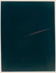 Earth’s limb at Sunset; views of Agena tethered to Gemini XII over the cloud-covered Pacific Ocean, November 11-15, 1966