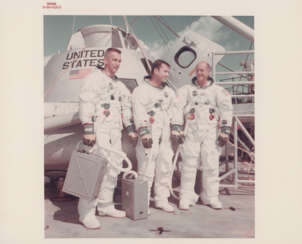 Portraits of the crew; the CM Charlie Brown, first spacecraft to be photographed over another world; Snoopy, first LM to fly to the Moon, November 1968-May 1969