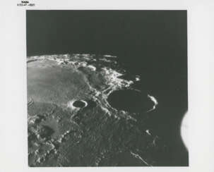 Lunar Sunrise over the Sea of Nectar during the first orbit; TV picture of Crater Langrenus; bright-ray farside crater, July 16-24, 1969