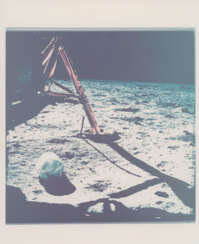 The first photograph taken by man on the surface of another world; moonscape at Tranquillity Base, Double Crater, July 16-24, 1969