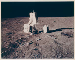 Buzz Aldrin setting up the lunar science station; Aldrin exploring the Sea of Tranquility; Aldrin adjusting the seismometer, July 16-24, 1969