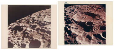 Diptych of the forbidding center of the lunar farside near Crater Daedalus; Sunset over Crater Icarus, July 16-24, 1969