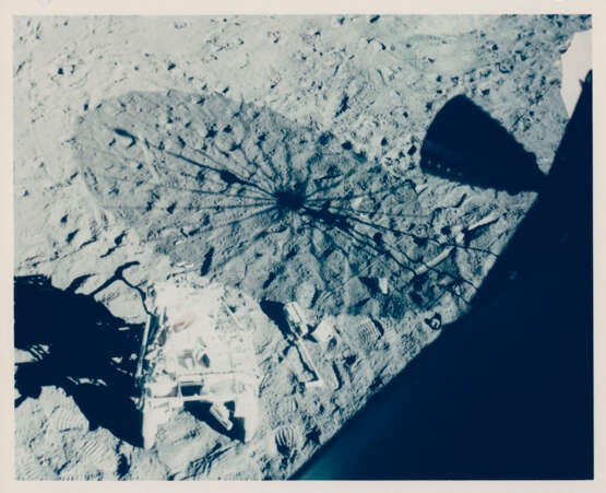 Fra Mauro Base from the LM during liftoff; views from the LM window before liftoff: javelin, golf ball; lunar equipment; US flag, January 31-February 9, 1971 - photo 5