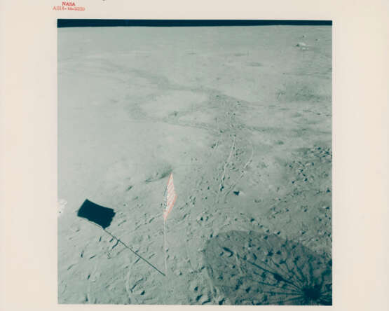 Fra Mauro Base from the LM during liftoff; views from the LM window before liftoff: javelin, golf ball; lunar equipment; US flag, January 31-February 9, 1971 - photo 7